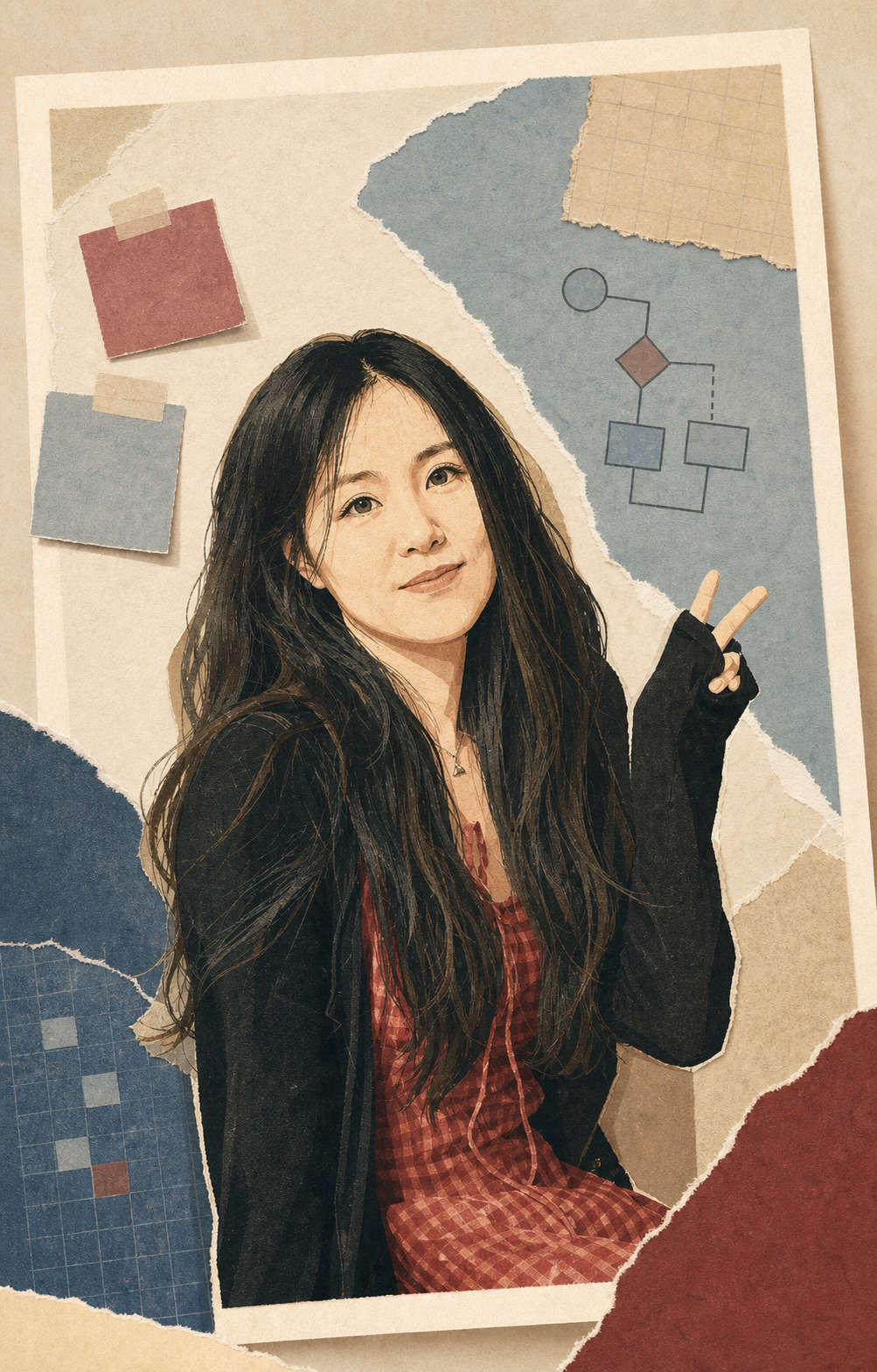 由本人照片转绘的非写实复古纸质拼贴人物